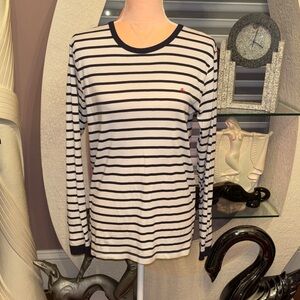 Petit Bateau Navy and White Striped Long Sleeve Top with Red Logo